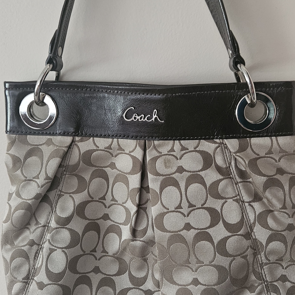 Coach Khaki Signature Pleated Shoulder Bag with Black Trim